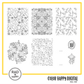 A digital collage of coloring pages with a yellow border