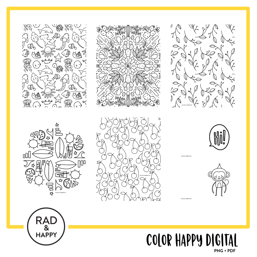 A digital collage of coloring pages with a yellow border