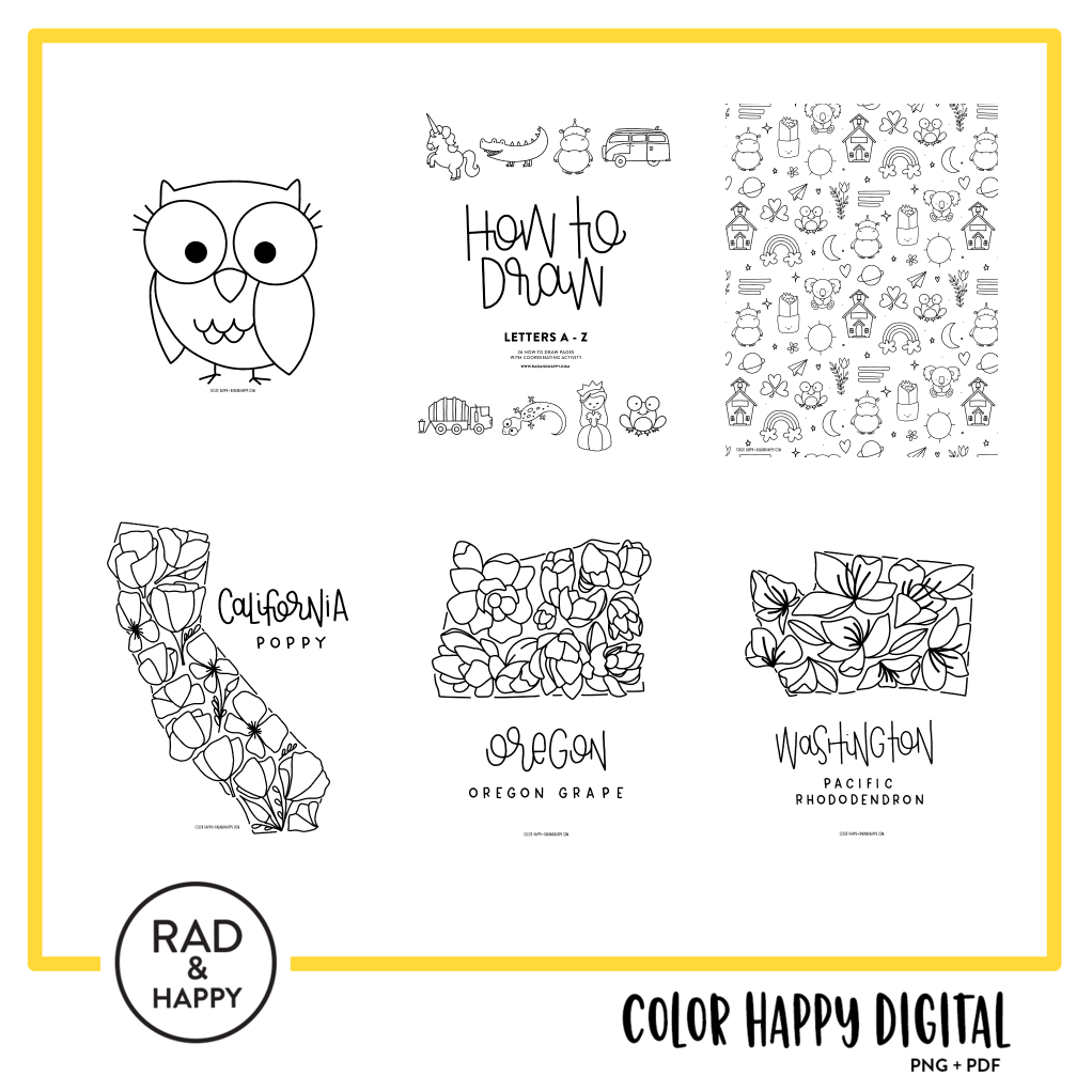 A digital collage of coloring pages with a yellow border