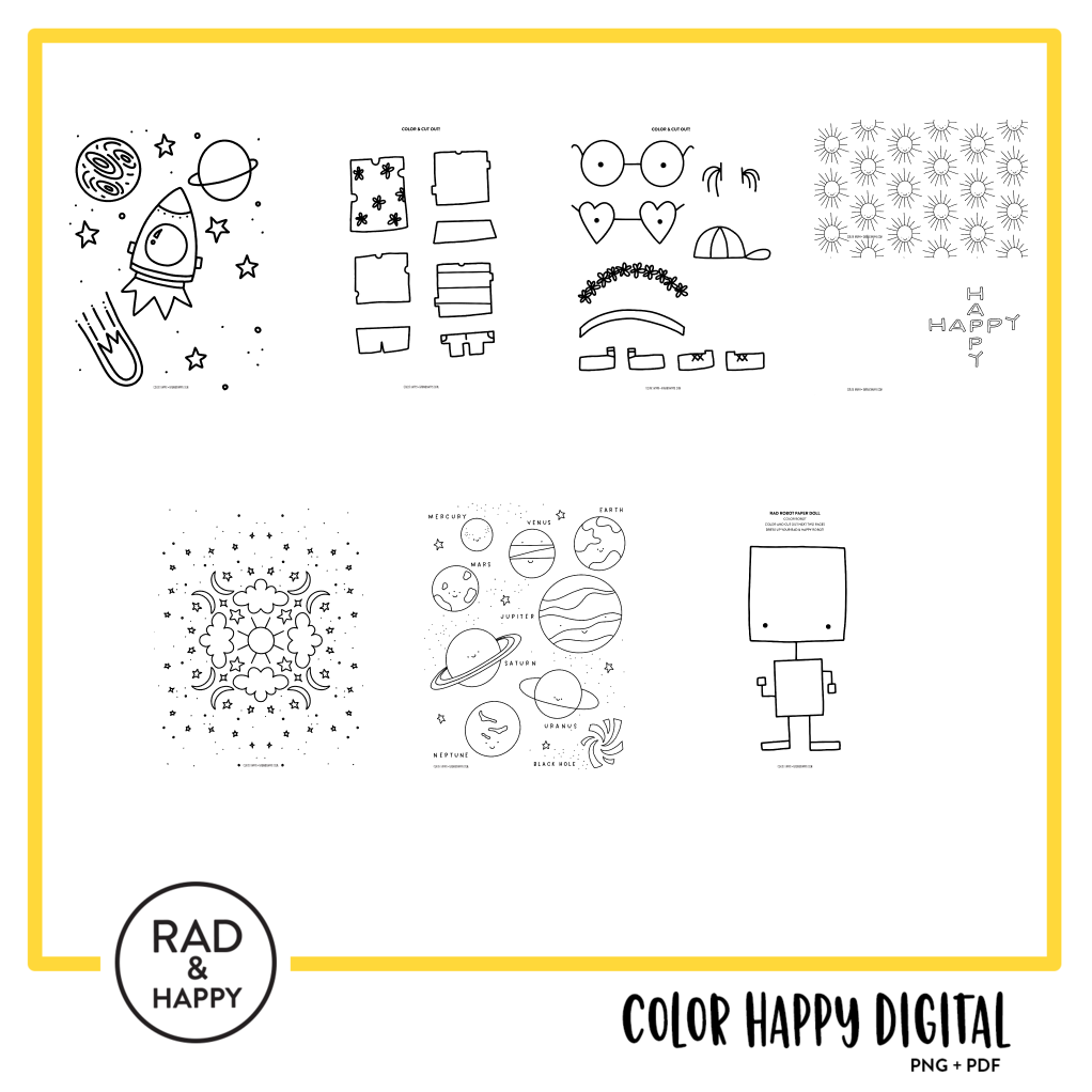 A digital collage of coloring pages with a yellow border