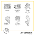 A digital collage of coloring pages with a yellow border