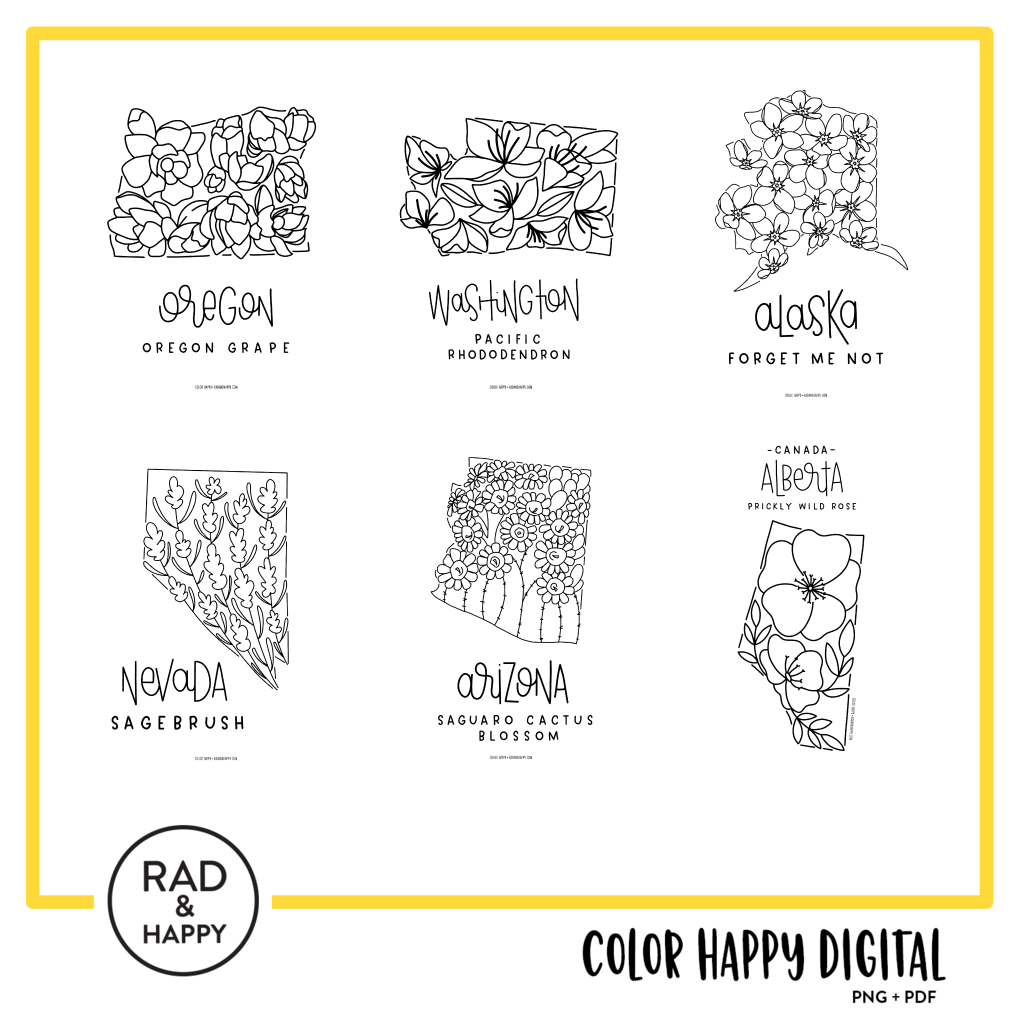 A digital collage of coloring pages with a yellow border