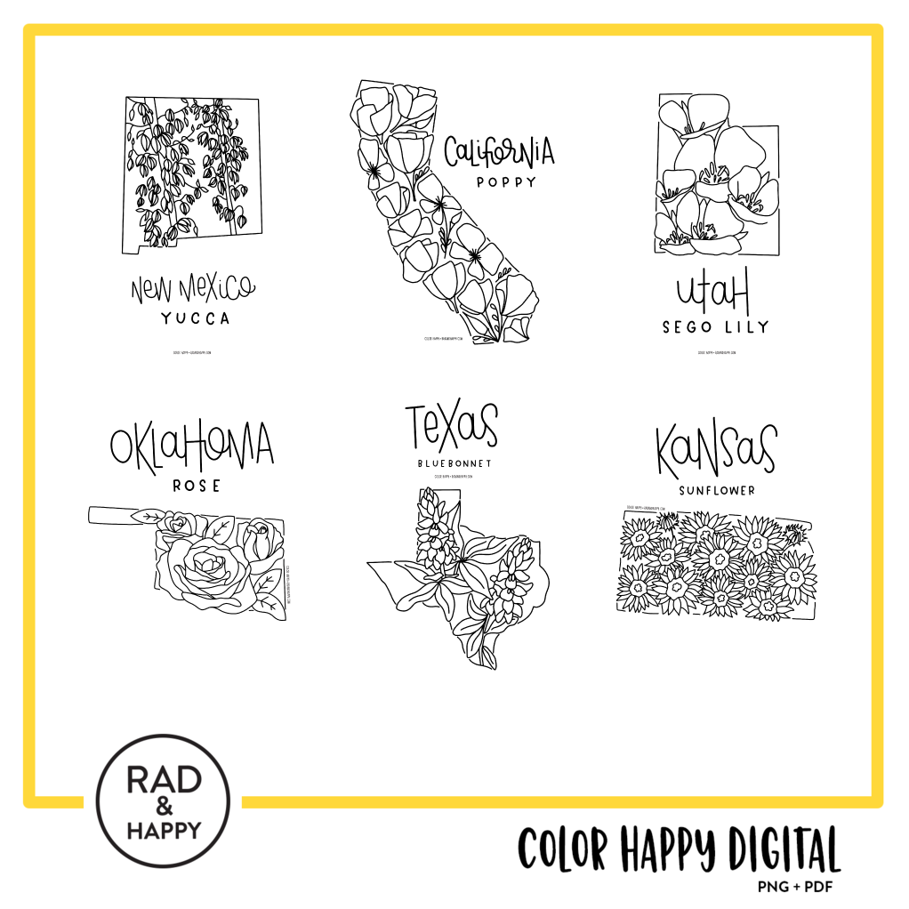 A digital collage of coloring pages with a yellow border
