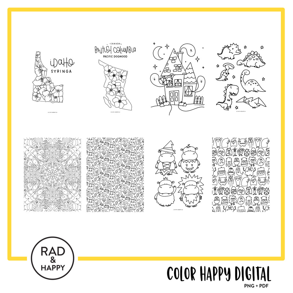A digital collage of coloring pages with a yellow border