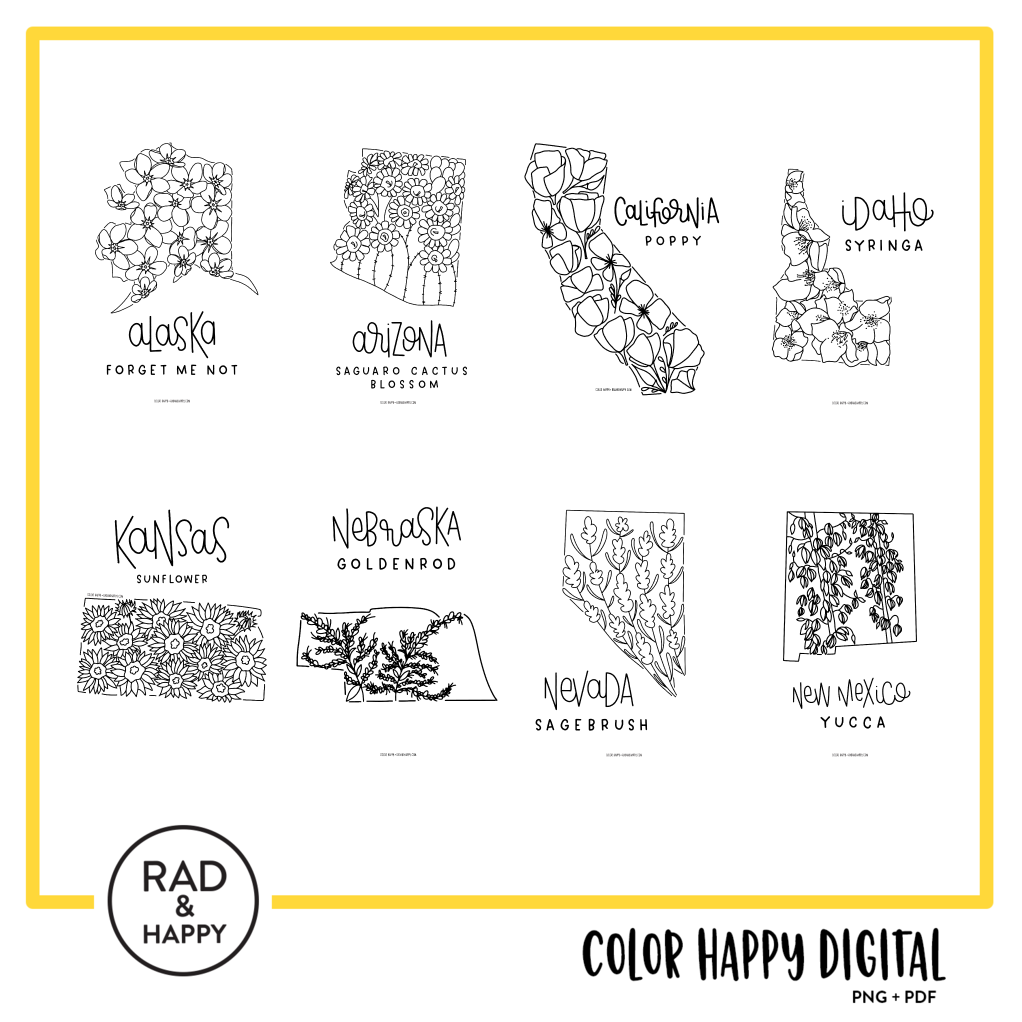 A digital collage of coloring pages with a yellow border
