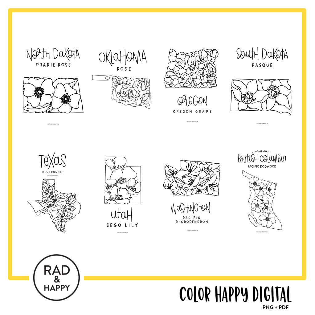 A digital collage of coloring pages with a yellow border