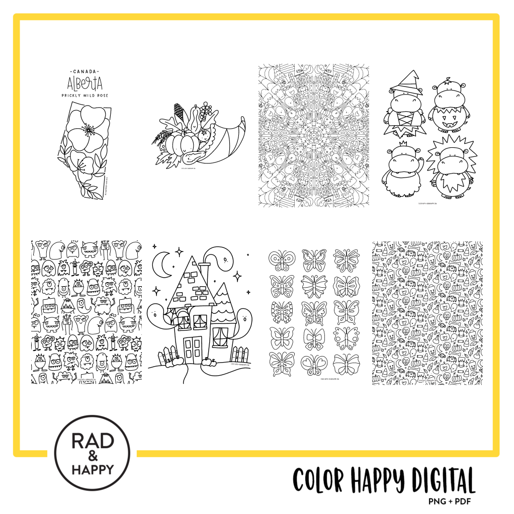 A digital collage of coloring pages with a yellow border
