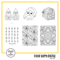 A digital collage of coloring pages with a yellow border