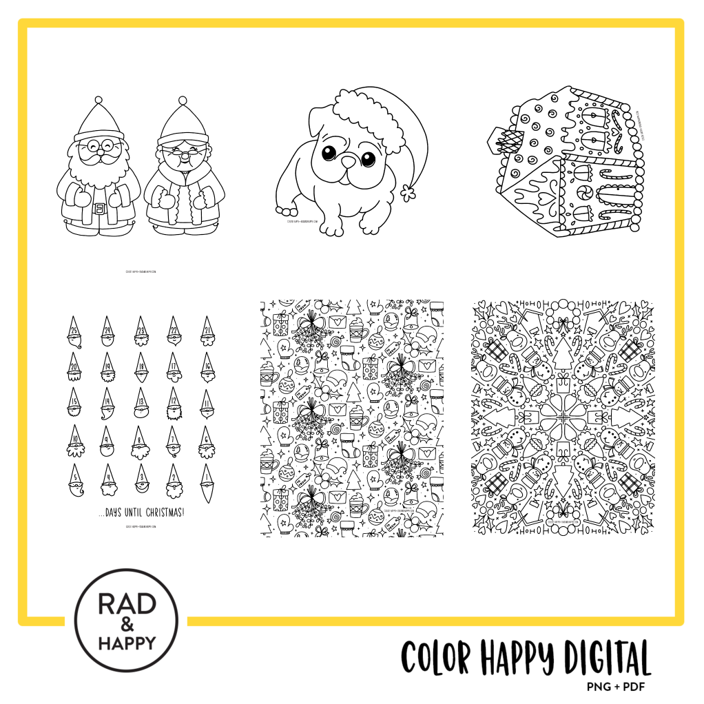 A digital collage of coloring pages with a yellow border