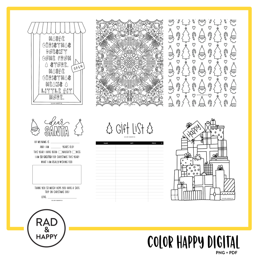 A digital collage of coloring pages with a yellow border