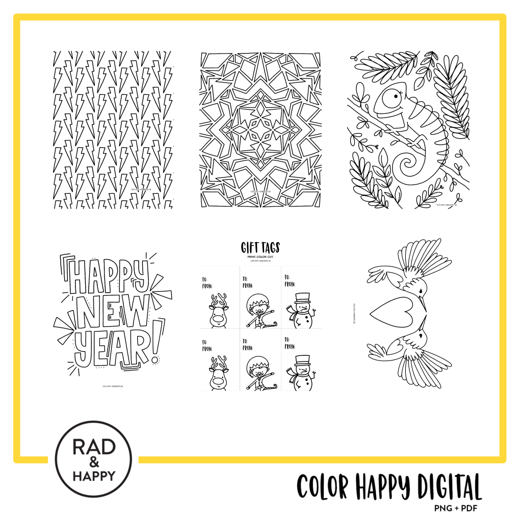 A digital collage of coloring pages with a yellow border