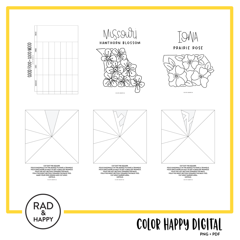 A digital collage of coloring pages with a yellow border