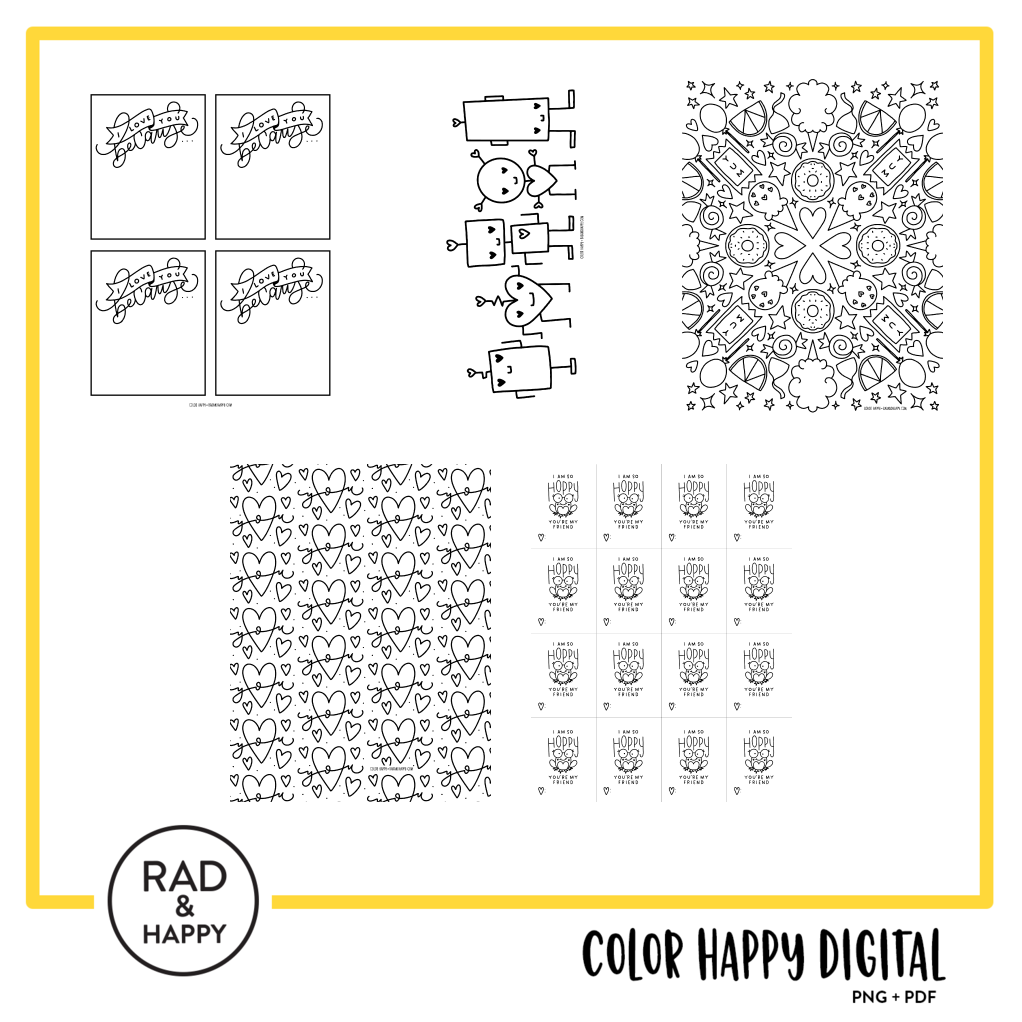 A digital collage of coloring pages with a yellow border