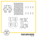 A digital collage of coloring pages with a yellow border