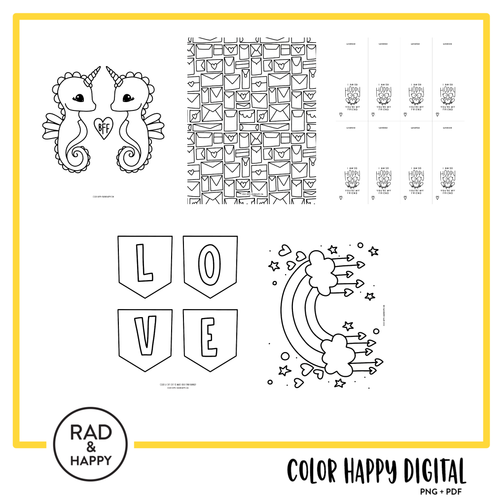 A digital collage of coloring pages with a yellow border