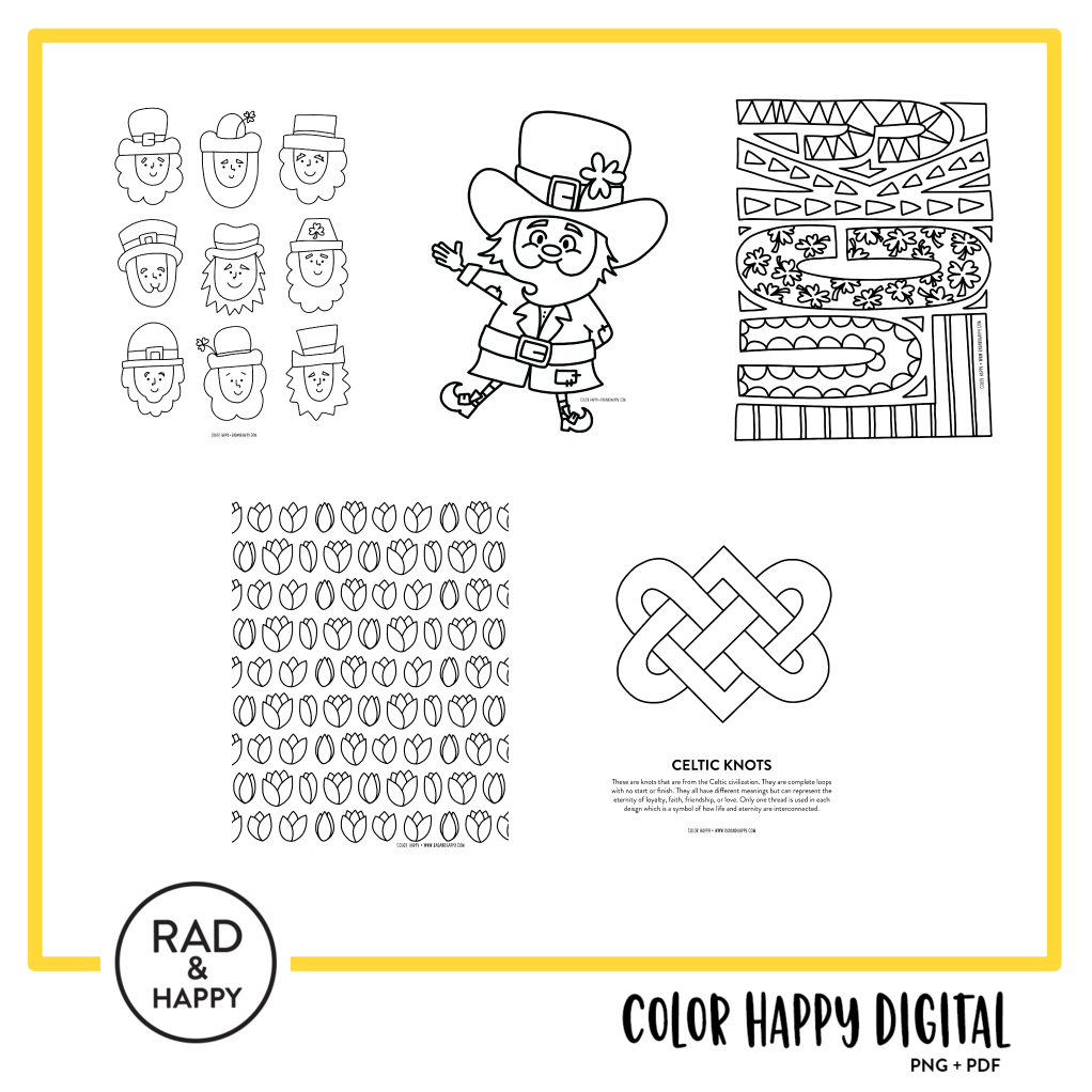 A digital collage of coloring pages with a yellow border