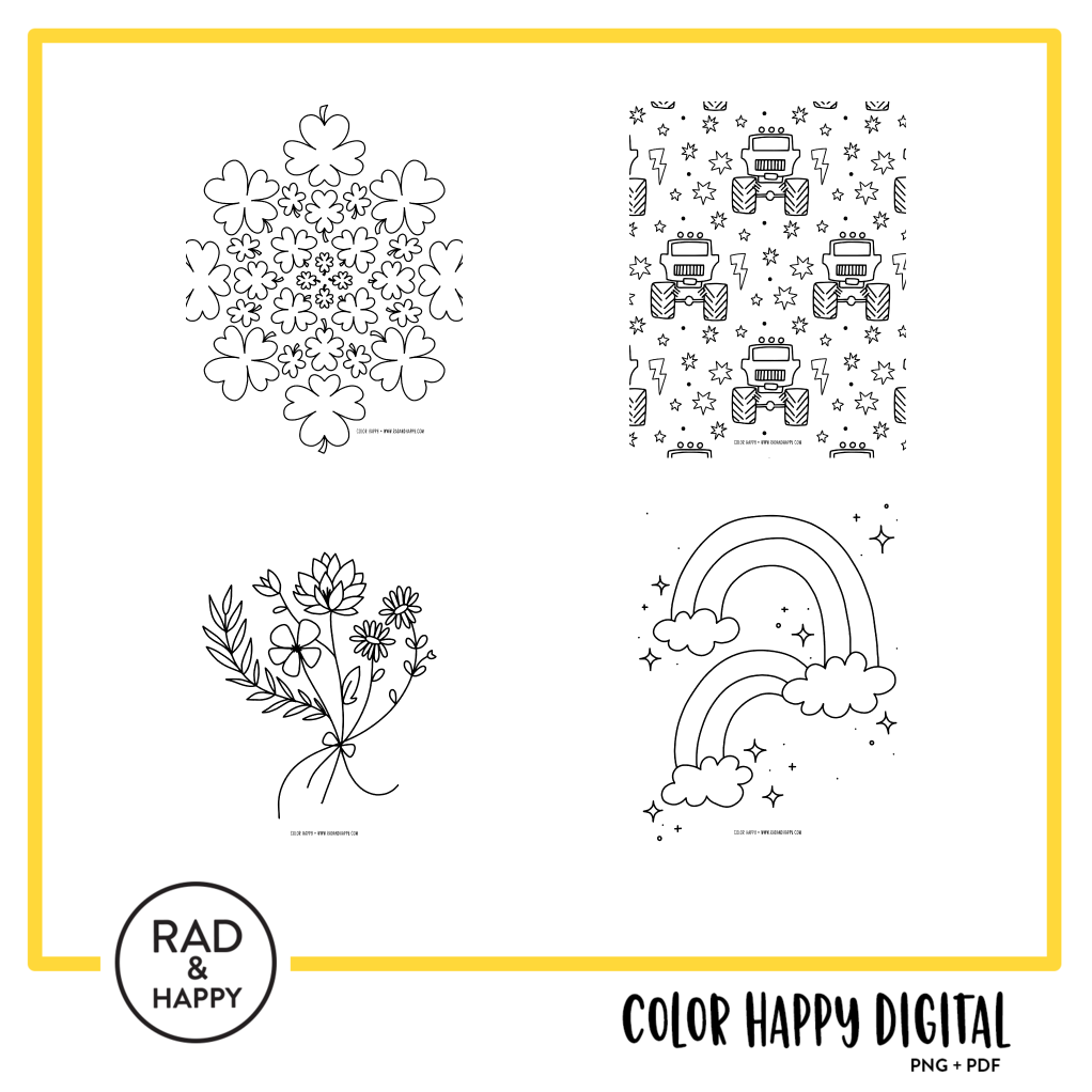 A digital collage of coloring pages with a yellow border