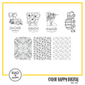 A digital collage of coloring pages with a yellow border