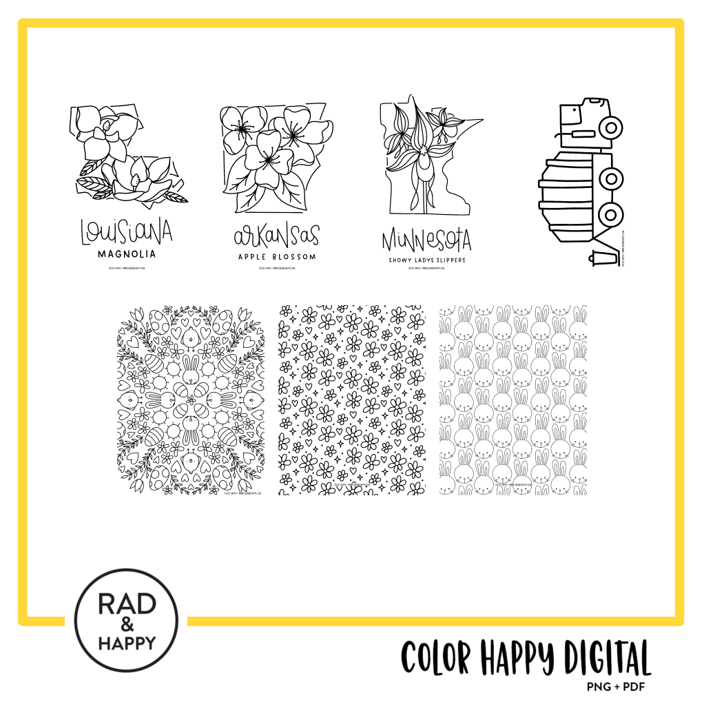 A digital collage of coloring pages with a yellow border