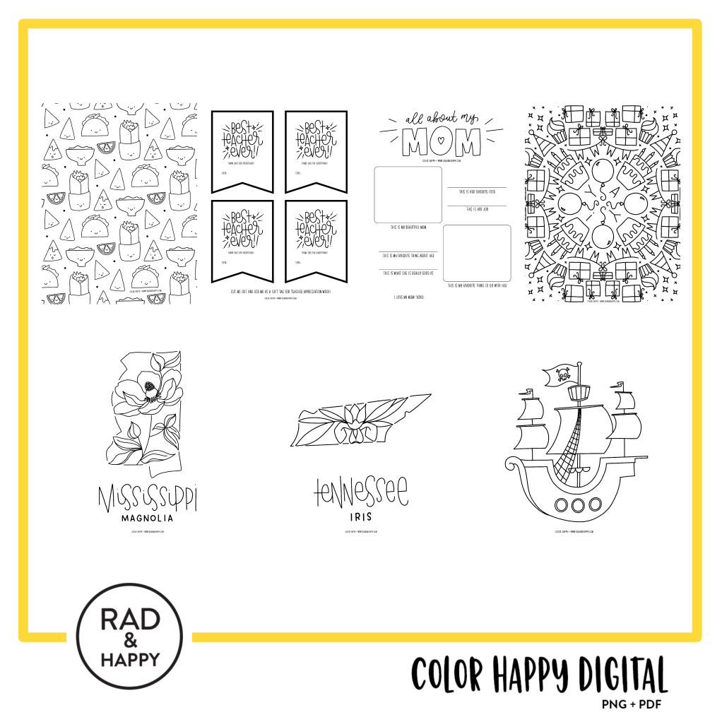 A digital collage of coloring pages with a yellow border