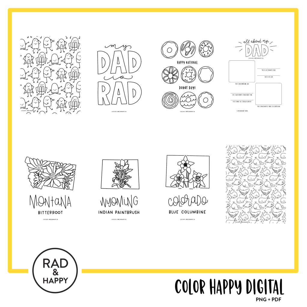 A digital collage of coloring pages with a yellow border