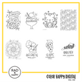 A digital collage of coloring pages with a yellow border