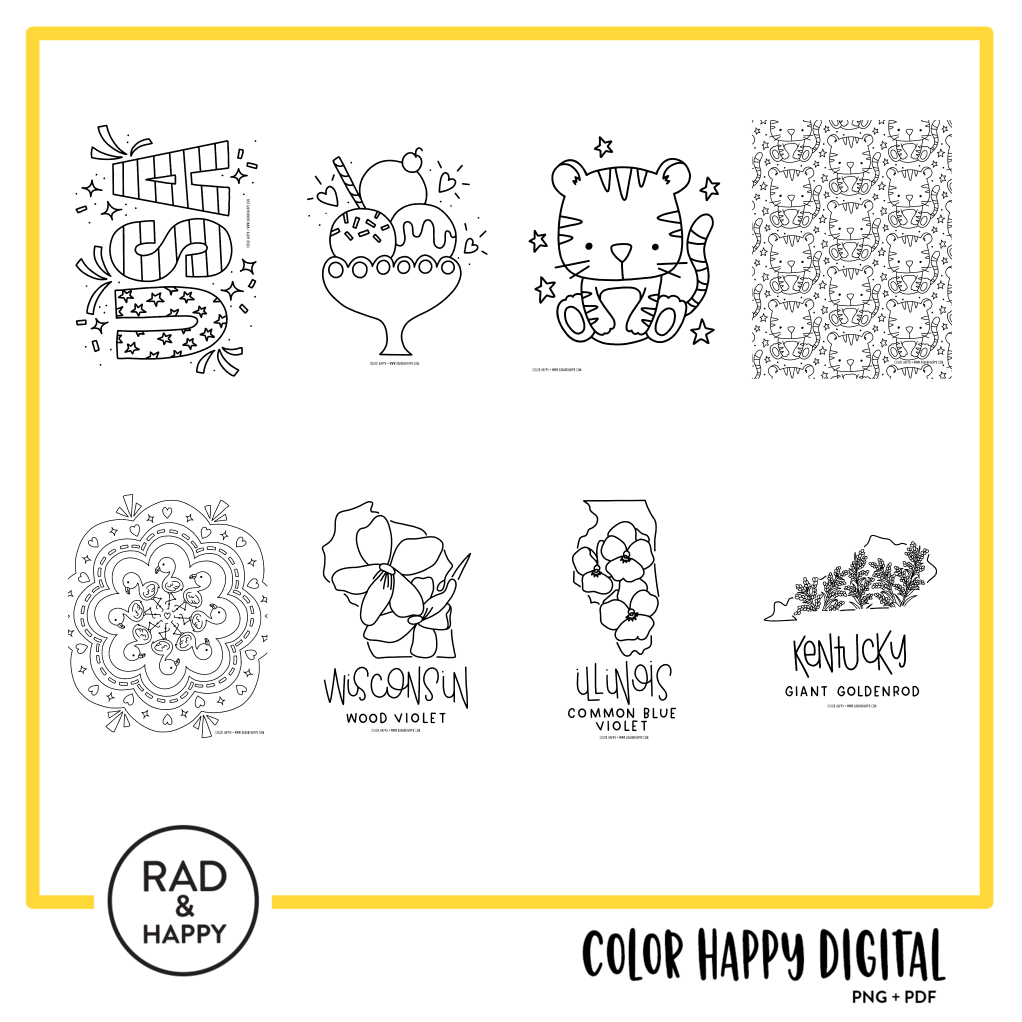 A digital collage of coloring pages with a yellow border