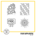 A digital collage of coloring pages with a yellow border