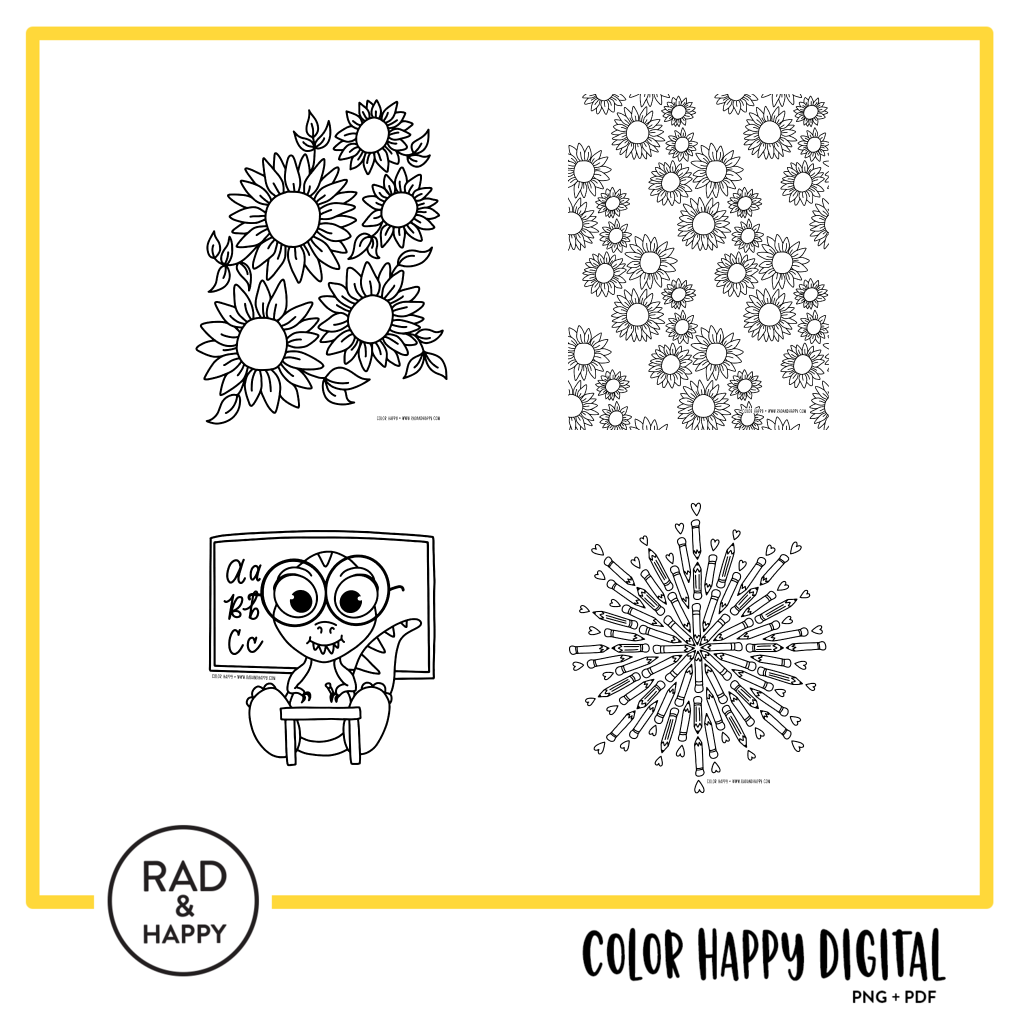 A digital collage of coloring pages with a yellow border
