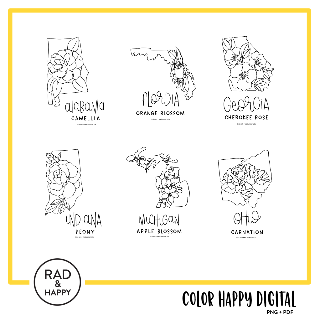 A digital collage of coloring pages with a yellow border