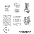 A digital collage of coloring pages with a yellow border