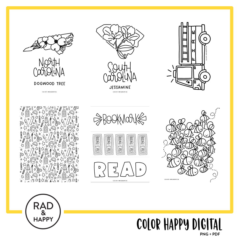 A digital collage of coloring pages with a yellow border