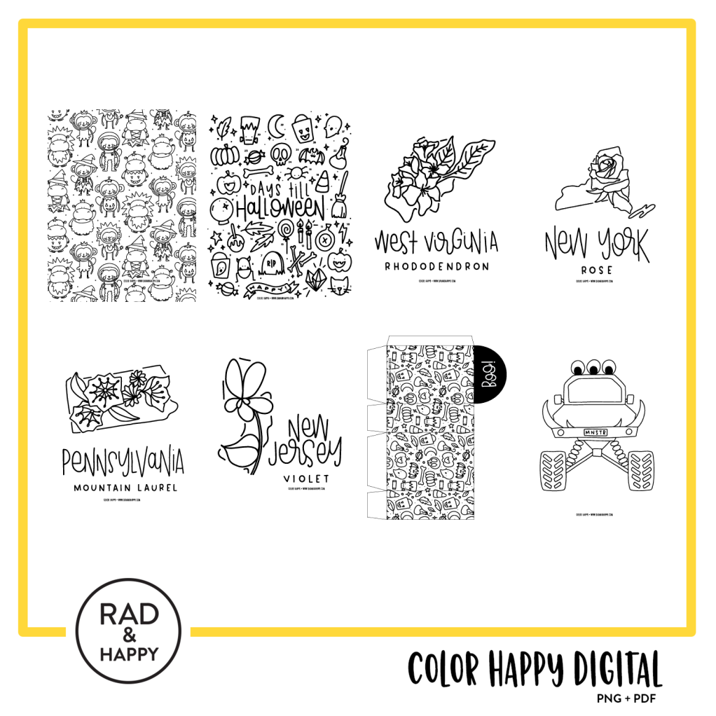 A digital collage of coloring pages with a yellow border