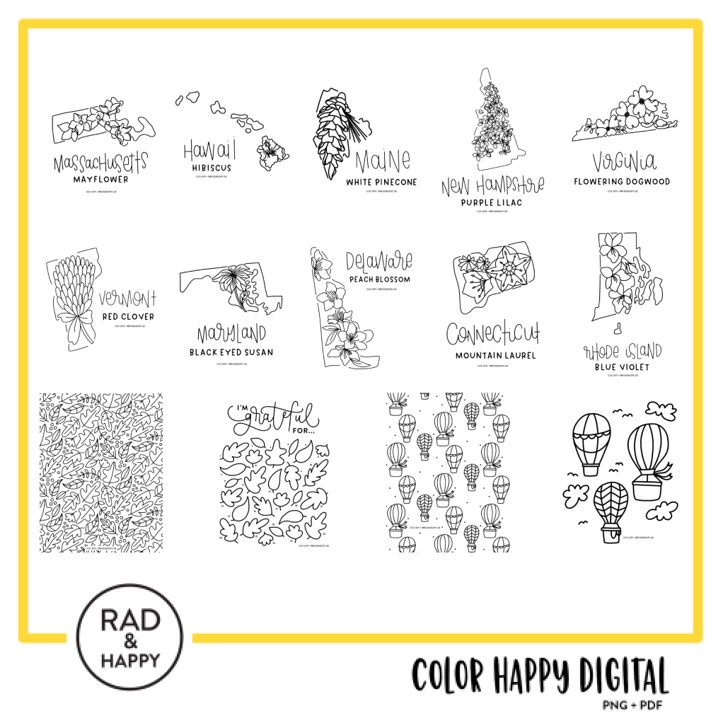 A digital collage of coloring pages with a yellow border