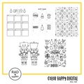 A digital collage of coloring pages with a yellow border