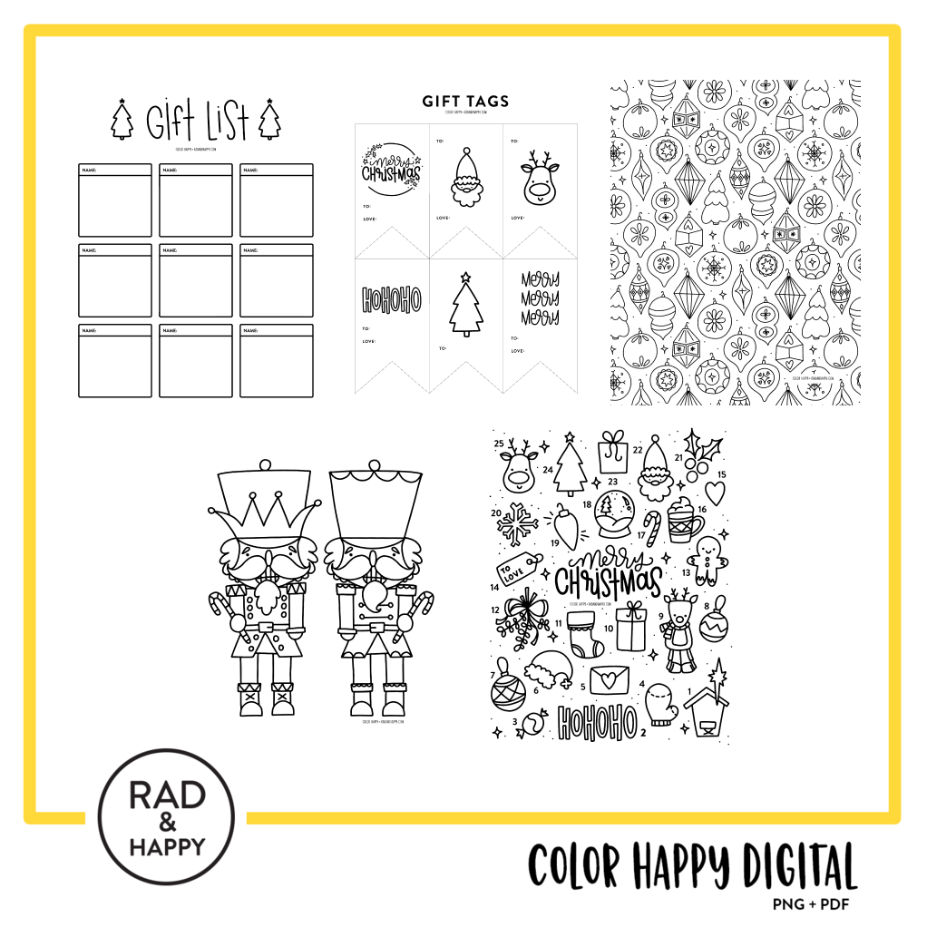 A digital collage of coloring pages with a yellow border