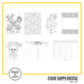 A digital collage of coloring pages with a yellow border