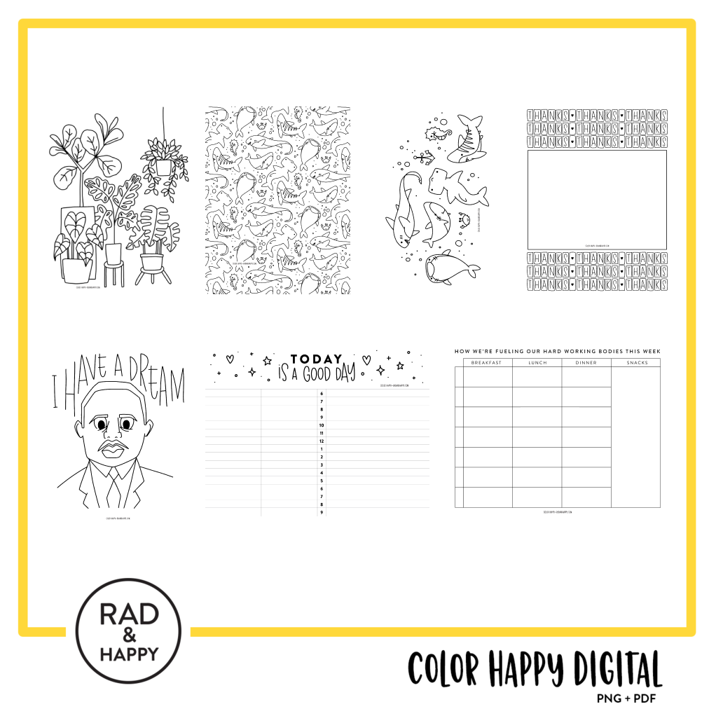 A digital collage of coloring pages with a yellow border