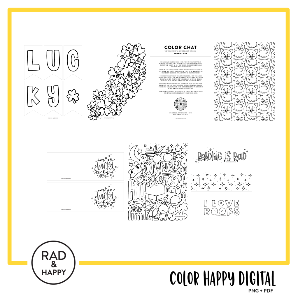 A digital collage of coloring pages with a yellow border