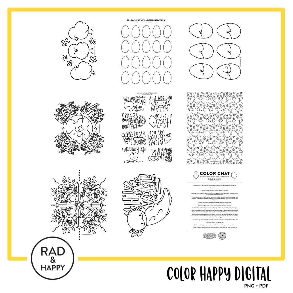 A digital collage of coloring pages with a yellow border