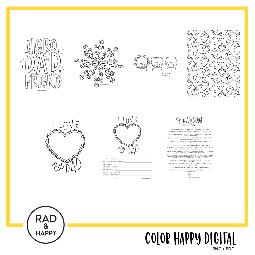 A digital collage of coloring pages with a yellow border