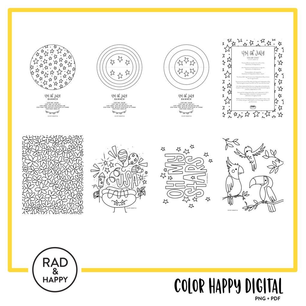 A digital collage of coloring pages with a yellow border