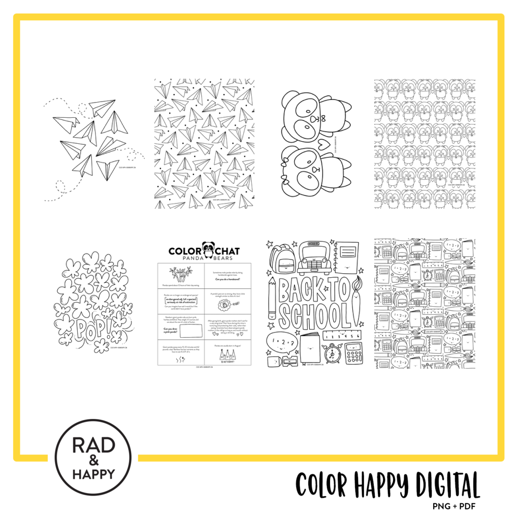 A digital collage of coloring pages with a yellow border