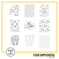 A digital collage of coloring pages with a yellow border