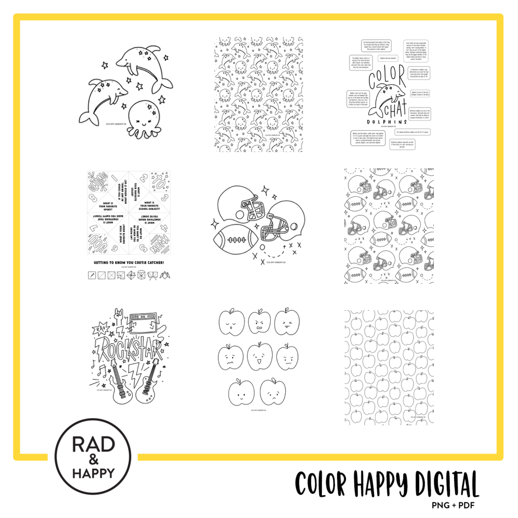 A digital collage of coloring pages with a yellow border