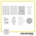 A digital collage of coloring pages with a yellow border