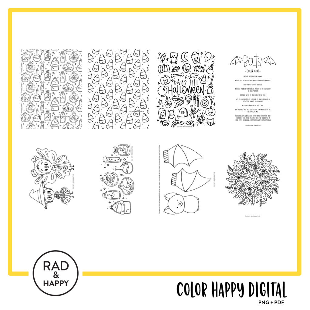A digital collage of coloring pages with a yellow border