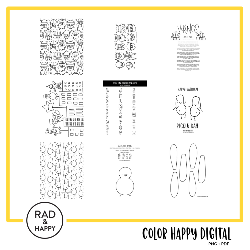 A digital collage of coloring pages with a yellow border