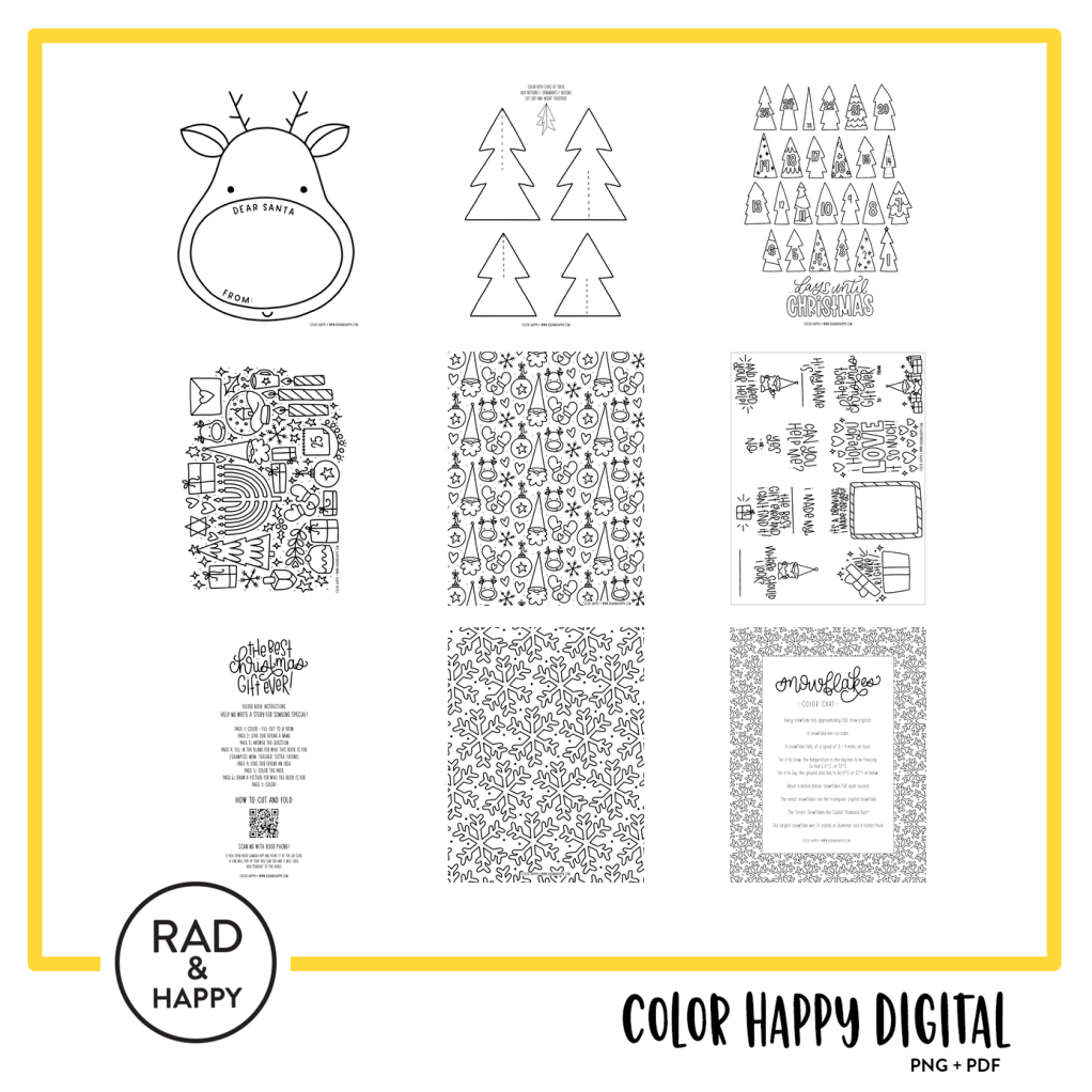 A digital collage of coloring pages with a yellow border