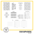 A digital collage of coloring pages with a yellow border